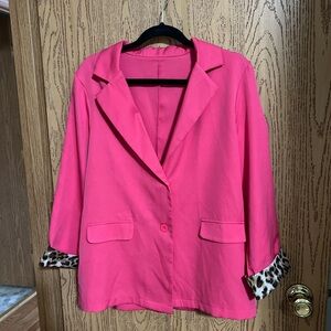 Women's Pink Blazer with Leopard Print Cuffs